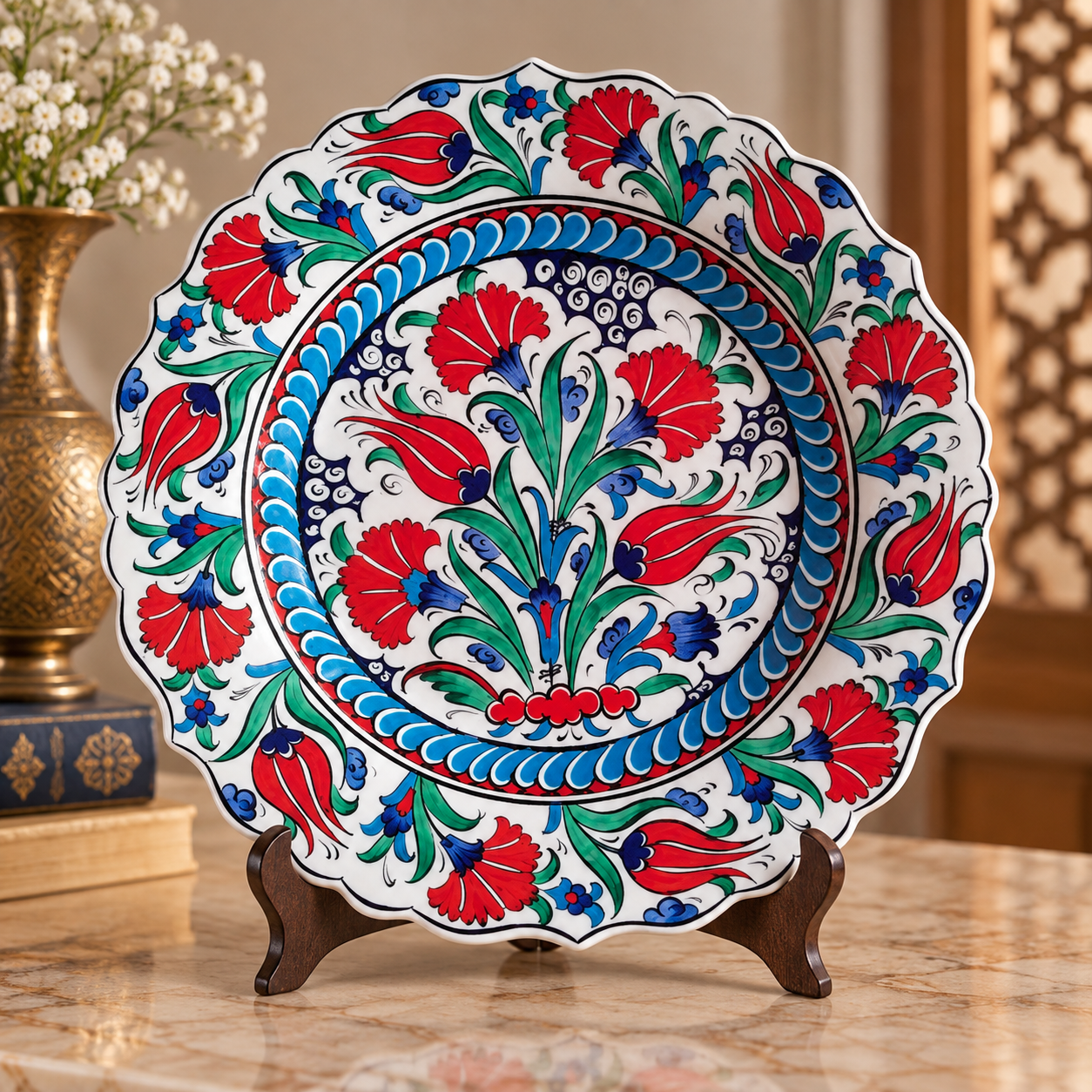 Lale ve Karanfil Desenli İznik Çini Tabak 30 cm