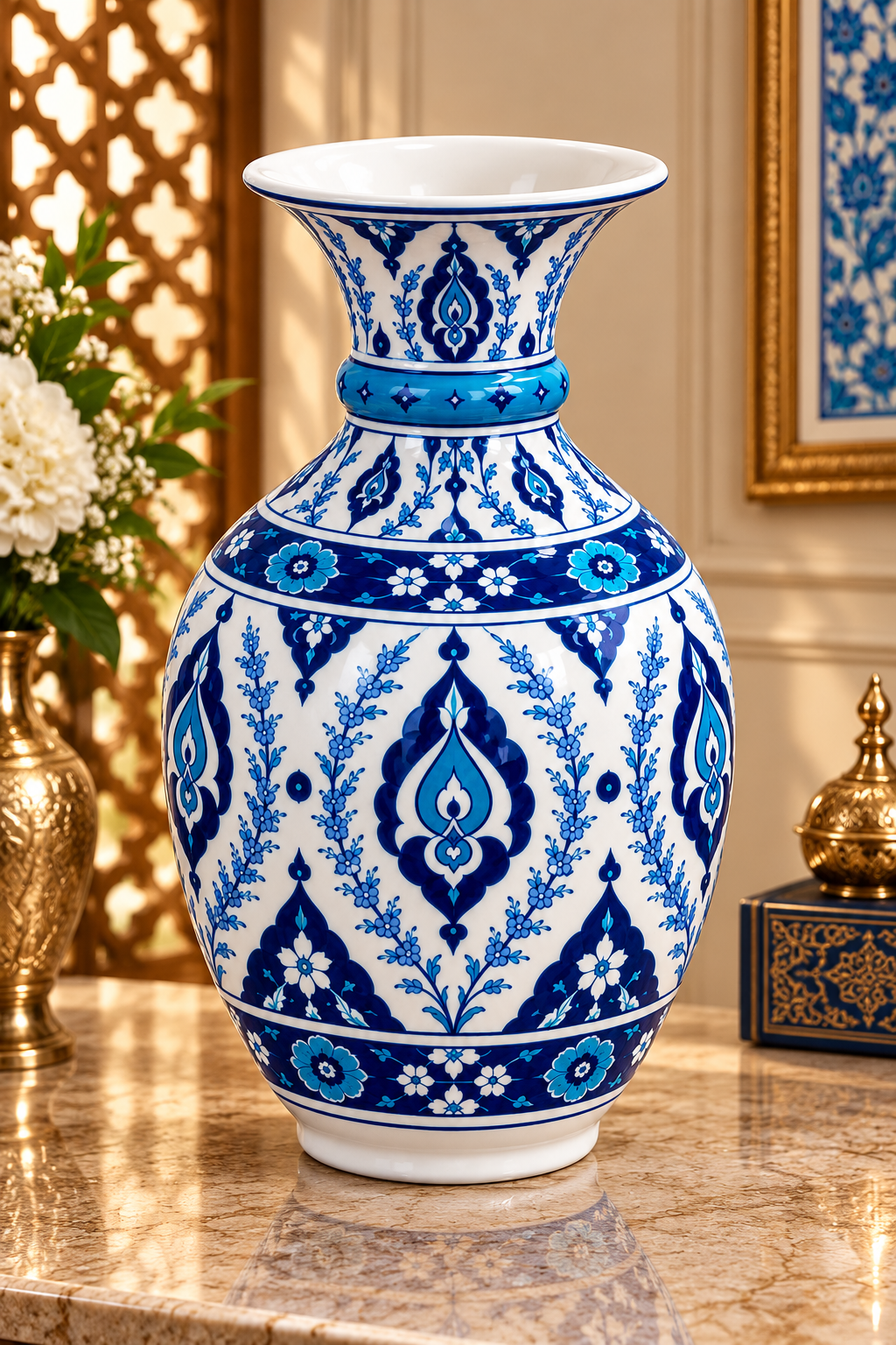 Rumi ve çiçek Desenli İznik Çini Vazo 30cm