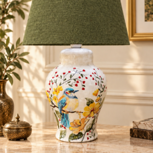 Kuş ve Bahar Çiçekleri Desenli İznik Çini Abajur 30 cm