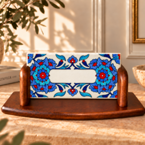 Hatai Çiçek Desenli İznik Çini Masa İsimliği 10x20cm