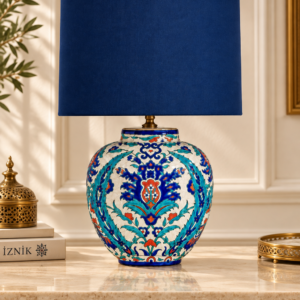 Lale ve Hatai Desenli İznik Çini Abajur 30 cm