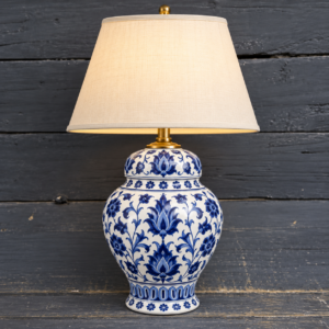 Mavi Lotus Desenli İznik Çini Abajur 30cm