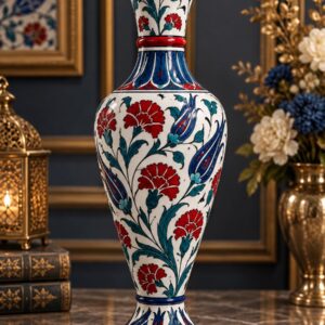 Lale ve Karanfil Desenli İznik Çini Vazo 30 cm