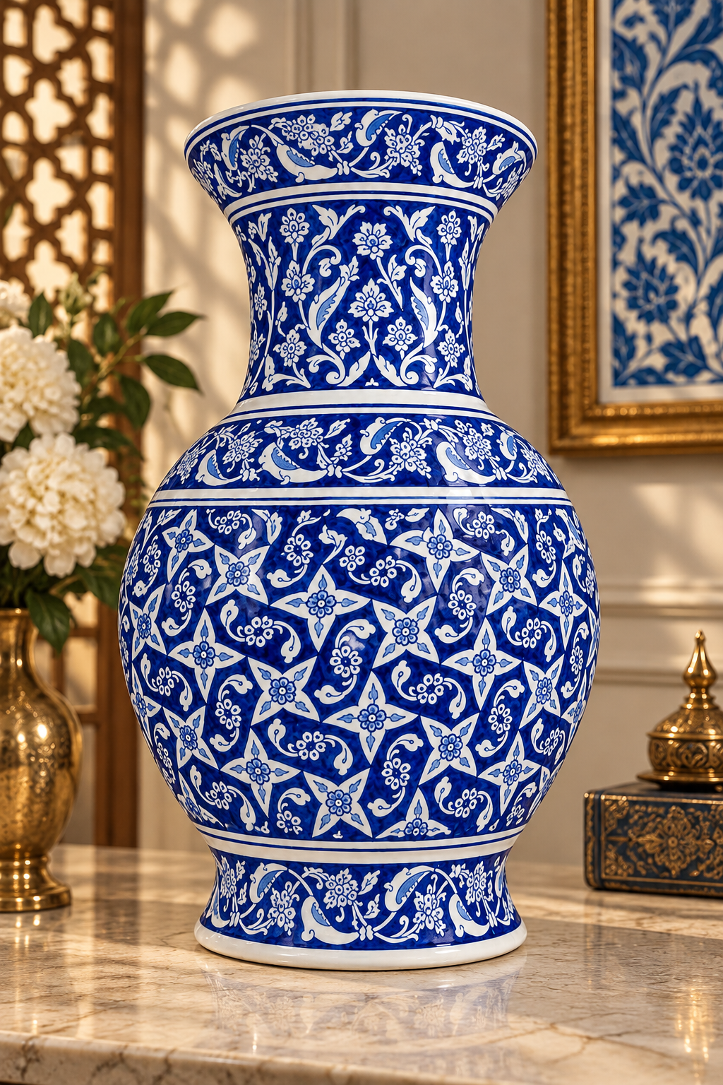 Mavi Rumi Desenli İznik Çini Vazo 30 cm
