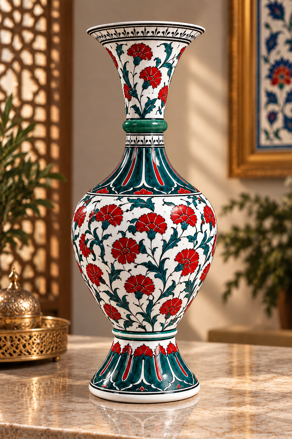 Karanfil Bahçesi Desenli İznik Çini Vazo 30 cm