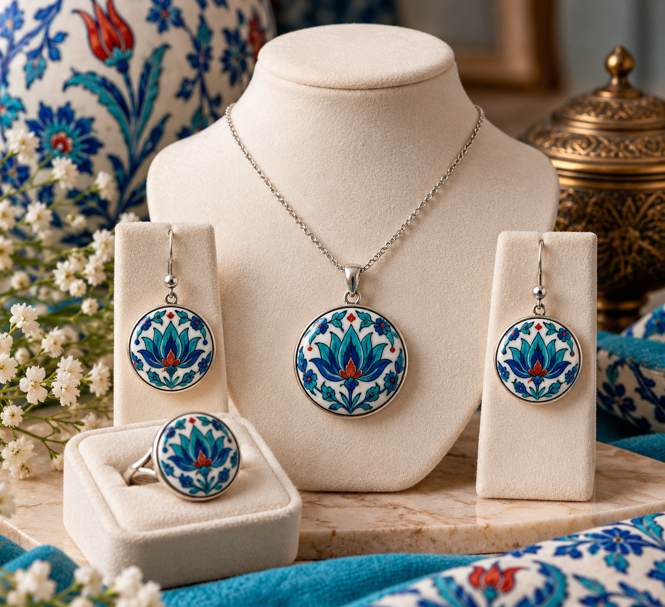 Turkuaz Lotus Motifli İznik Çini Takı Seti