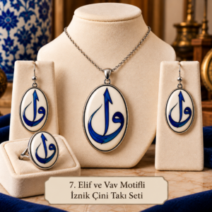 Elif ve Vav Motifli İznik Çini Takı Seti