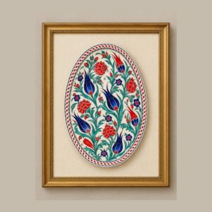 Lale Bahçesi – Altın Çerçeveli İznik Çini Oval Duvar Süsü 25cm
